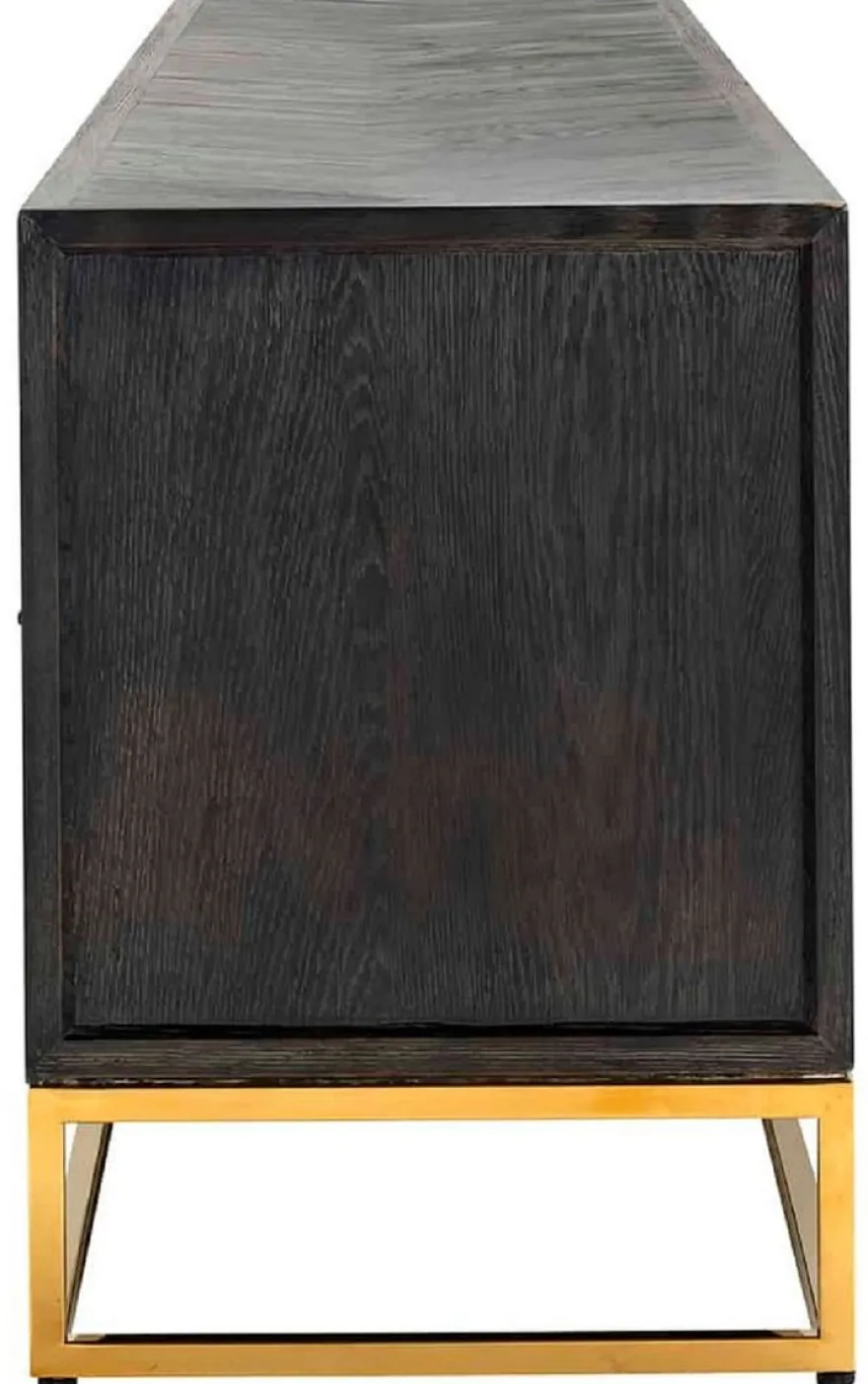 Casa Padrino Luxus TV Schrank Schwarz / Gold 220 x 42,5 x H. 60 cm - Massivholz Sideboard mit 4 Türen - Wohnzimmer Möbel - Hotel Möbel - Luxus Kollektion