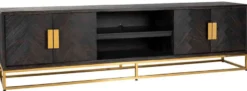 Casa Padrino Luxus TV Schrank Schwarz / Gold 220 x 42,5 x H. 60 cm - Massivholz Sideboard mit 4 Türen - Wohnzimmer Möbel - Hotel Möbel - Luxus Kollektion