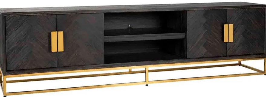 Casa Padrino Luxus TV Schrank Schwarz / Gold 220 x 42,5 x H. 60 cm - Massivholz Sideboard mit 4 Türen - Wohnzimmer Möbel - Hotel Möbel - Luxus Kollektion