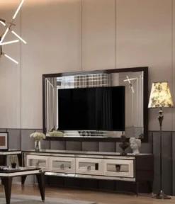 Casa Padrino Luxus TV Schrank Set Dunkelbraun / Creme / Silber - Verspiegeltes Wohnzimmer Sideboard mit TV Rückwand - Wohnzimmer Möbel - Luxus Möbel - Luxus Einrichtung
