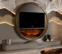 Casa Padrino Luxus TV Schrank Set Grau / Gold - Wohnzimmer Sideboard mit LED Kamin - Wohnzimmer Möbel - Hotel Möbel - Luxus Möbel
