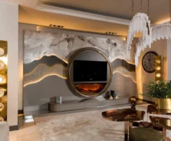 Casa Padrino Luxus TV Schrank Set Grau / Gold - Wohnzimmer Sideboard mit LED Kamin - Wohnzimmer Möbel - Hotel Möbel - Luxus Möbel