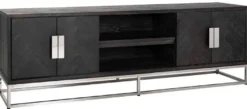 Casa Padrino Luxus TV Schrank Schwarz / Silber 185 x 42,5 x H. 60 cm - Massivholz Sideboard mit 4 Türen - Wohnzimmer Möbel - Hotel Möbel - Luxus Kollektion