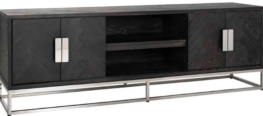 Casa Padrino Luxus TV Schrank Schwarz / Silber 185 x 42,5 x H. 60 cm - Massivholz Sideboard mit 4 Türen - Wohnzimmer Möbel - Hotel Möbel - Luxus Kollektion