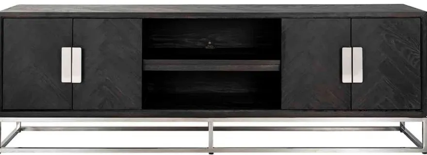 Casa Padrino Luxus TV Schrank Schwarz / Silber 185 x 42,5 x H. 60 cm - Massivholz Sideboard mit 4 Türen - Wohnzimmer Möbel - Hotel Möbel - Luxus Kollektion