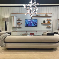 Casa Padrino Luxus TV Sideboard Weiß / Grau / Kupfer 400 cm - Wohnzimmer & Hotel Möbel