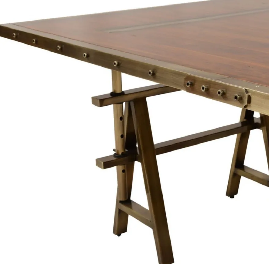 Casa Padrino Luxus Vintage Industrie Stil Esstisch Braun / Messing 226,5 x 111 x H. 75,5 cm - Rechteckiger Esszimmertisch mit Massivholz Tischplatte - Luxus Vintage Industrie Stil Esszimmer Möbel