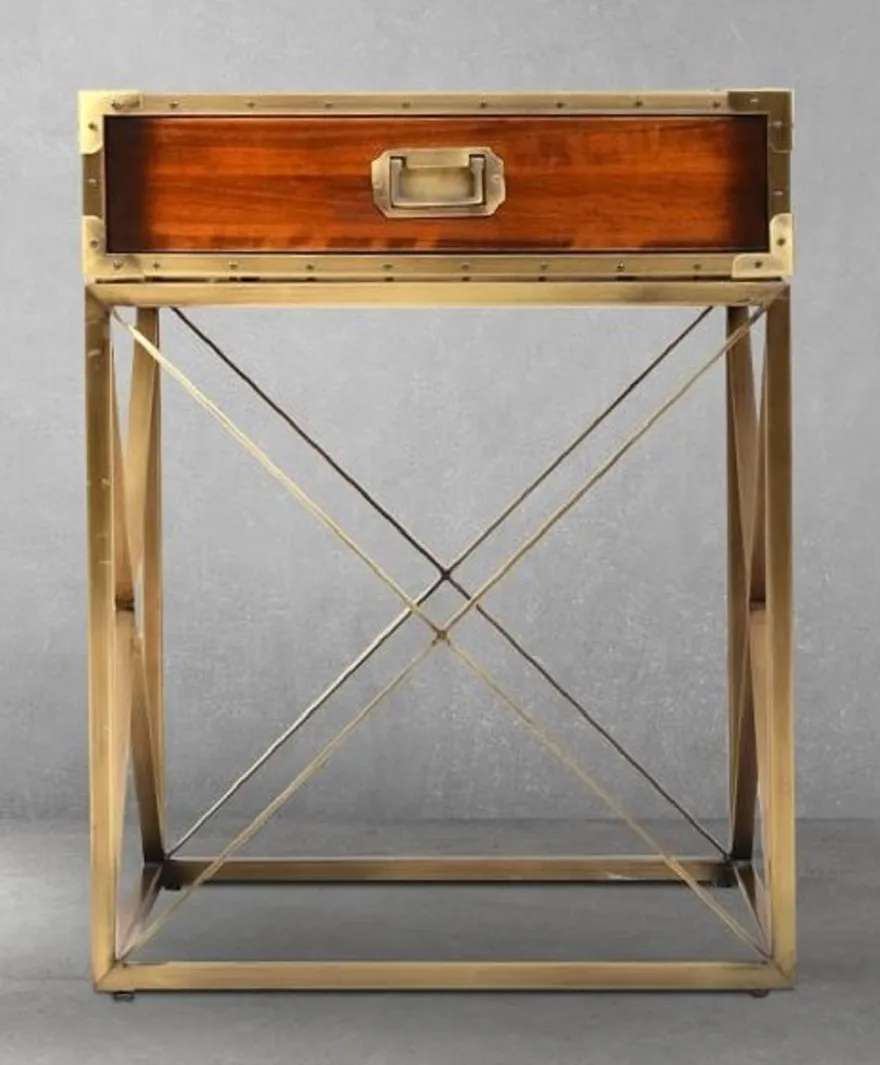 Casa Padrino Luxus Vintage Stil Beistelltisch Braun / Messing 55,5 x 55,5 x H. 72 cm - Quadratischer Nachttisch mit Schublade - Wohnzimmer Möbel - Schlafzimmer Möbel - Luxus Vintage Stil Möbel