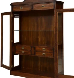 Casa Padrino Luxus Vintage Stil Vitrine Braun / Messing 120 x 37 x H. 171,5 cm - Massivholz Vitrinenschrank mit 2 Glastüren und 6 Schubladen - Massivholz Möbel - Vintage Stil Möbel - Luxus Möbel