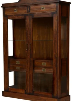 Casa Padrino Luxus Vintage Stil Vitrine Braun / Messing 120 x 37 x H. 171,5 cm - Massivholz Vitrinenschrank mit 2 Glastüren und 6 Schubladen - Massivholz Möbel - Vintage Stil Möbel - Luxus Möbel
