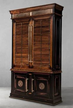 Casa Padrino Luxus Vintage Stil Bücherschrank Braun / Naturfarben / Schwarz 146,5 x 46 x H. 247 cm - Massivholz Schrank - Regalschrank - Wohnzimmerschrank - Büroschrank - Luxus Massivholz Möbel