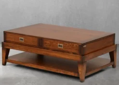 Casa Padrino Luxus Vintage Stil Couchtisch Braun / Messing 124 x 79 x H. 49 cm - Rechteckiger Massivholz Wohnzimmertisch mit Schubladen - Vintage Stil Wohnzimmer Möbel - Luxus Möbel
