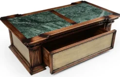 Casa Padrino Luxus Vintage Stil Couchtisch Braun / Grün / Messing 156 x 89,5 x H. 48 cm - Rechteckiger Massivholz Wohnzimmertisch mit Schublade - Luxus Vintage Stil Wohnzimmer Möbel