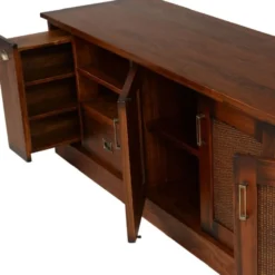 Casa Padrino Luxus Vintage Stil TV Schrank Braun / Messing 204 x 52 x H. 66 cm - Vintage Stil Sideboard mit 3 Türen und 2 Schubladen - Vintage Stil Wohnzimmer Möbel - Luxus Wohnzimmer Möbel