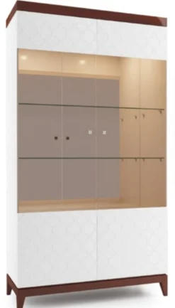 Casa Padrino Luxus Vitrinenschrank Weiß / Hochglanz Braun 111,2 x 45 x H. 205 cm - Beleuchteter Wohnzimmerschrank mit 2 großen Glasregalen - Wohnzimmermöbel