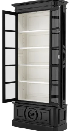 Casa Padrino Luxus Vitrine Schwarz / Weiß 113 x 46 x H. 240 cm - Massivholz Vitrinenschrank - Wohnzimmerschrank mit 2 Glastüren und Schublade - Luxus Qualität