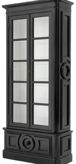 Casa Padrino Luxus Vitrine Schwarz / Weiß 113 x 46 x H. 240 cm - Massivholz Vitrinenschrank - Wohnzimmerschrank mit 2 Glastüren und Schublade - Luxus Qualität