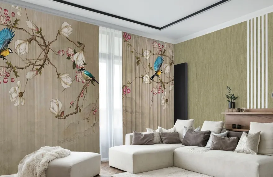 Casa Padrino Luxus Vorhang Set Vögel Beige / Mehrfarbig 250 x H. 290 cm - Bedruckte Leinen & Samt Vorhänge - Ösenvorhänge - Schiebevorhänge - Luxus Qualität