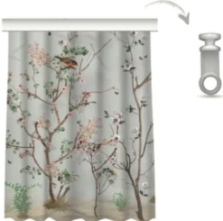 Casa Padrino Luxus Vorhang Set Pflanzen & Vögel Grau / Mehrfarbig 250 x H. 290 cm - Bedruckte Leinen & Samt Vorhänge - Ösenvorhänge - Schiebevorhänge - Luxus Deko Accessoires