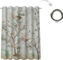 Casa Padrino Luxus Vorhang Set Pflanzen & Vögel Grau / Mehrfarbig 250 x H. 290 cm - Bedruckte Leinen & Samt Vorhänge - Ösenvorhänge - Schiebevorhänge - Luxus Deko Accessoires