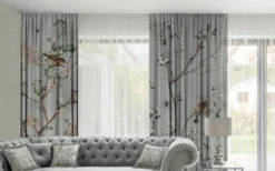 Casa Padrino Luxus Vorhang Set Pflanzen & Vögel Grau / Mehrfarbig 250 x H. 290 cm - Bedruckte Leinen & Samt Vorhänge - Ösenvorhänge - Schiebevorhänge - Luxus Deko Accessoires