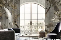Casa Padrino Luxus Vorhang Set Weißer Pfau im Wald Grau / Mehrfarbig 250 x H. 290 cm - Bedruckte Samt Gardinen - Ösenvorhänge - Wohnzimmer Vorhänge - Luxus Vorhänge - Luxus Qualität