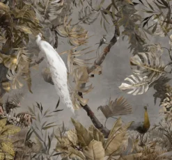 Casa Padrino Luxus Vorhang Set Weißer Pfau im Wald Grau / Mehrfarbig 250 x H. 290 cm - Bedruckte Leinen & Samt Vorhänge - Ösenvorhänge - Schiebevorhänge - Luxus Wohnzimmer Vorhänge