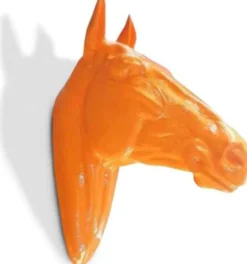 Casa Padrino Luxus Wanddeko Skulptur Pferdekopf Orange 22 x 57 x H. 76 cm - Wetterbeständige Dekofigur - Wohnzimmer Deko - Gartendeko - Terrassen Deko