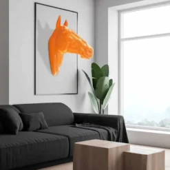 Casa Padrino Luxus Wanddeko Skulptur Pferdekopf Orange 22 x 57 x H. 76 cm - Wetterbeständige Dekofigur - Wohnzimmer Deko - Gartendeko - Terrassen Deko