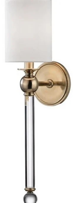 Casa Padrino Luxus Wandleuchte Antik Messingfarben / Weiß 12,7 x 17,2 x H. 56,5 cm - Wandlampe mit Kristallglas und rundem Seiden Lampenschirm