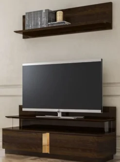 Casa Padrino Luxus Wohnzimmer TV Schrank Set Braun / Gold - 1 TV Schrank & 1 Wandregal - Edles Wohnzimmer Möbel Set - Luxus Qualität