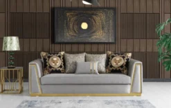 Casa Padrino Luxus Wohnzimmer Sofa mit dekorativen Kissen Grau / Gold 240 x 92 x H. 78 cm - Luxus Wohnzimmer Möbel