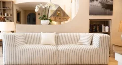 Casa Padrino Luxus Wohnzimmer Sofa mit Streifen Weiß / Blau 250 cm