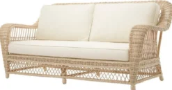Casa Padrino Luxus Wohnzimmer Sofa mit Kissen Naturfarben / Cremefarben 202 x 99 x H. 97 cm - Gepolsterte Couch mit handgewebtem Rattangeflecht