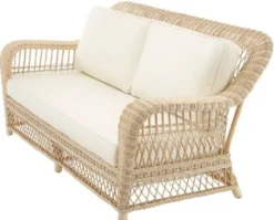 Casa Padrino Luxus Wohnzimmer Sofa mit Kissen Naturfarben / Cremefarben 202 x 99 x H. 97 cm - Gepolsterte Couch mit handgewebtem Rattangeflecht