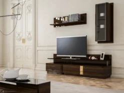 Casa Padrino Luxus Wohnzimmer TV Schrank Set Braun / Grau / Gold - 1 TV Schrank & 1 Hängeschrank & 1 Wandregal - Edles Wohnzimmer Möbel Set - Luxus Qualität