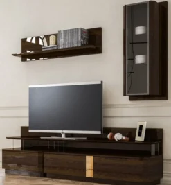 Casa Padrino Luxus Wohnzimmer TV Schrank Set Braun / Grau / Gold - 1 TV Schrank & 1 Hängeschrank & 1 Wandregal - Edles Wohnzimmer Möbel Set - Luxus Qualität