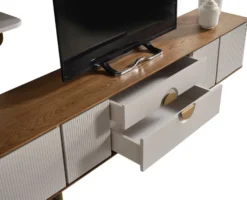 Casa Padrino Luxus Wohnzimmer TV Schrank Set Hellgrau / Braun / Messing - 1 TV Schrank & 1 Wandregal - Wohnzimmer Möbel - Massivholz Möbel - Luxus Möbel - Luxus Einrichtung