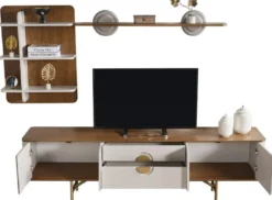 Casa Padrino Luxus Wohnzimmer TV Schrank Set Hellgrau / Braun / Messing - 1 TV Schrank & 1 Wandregal - Wohnzimmer Möbel - Massivholz Möbel - Luxus Möbel - Luxus Einrichtung