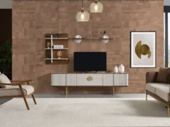 Casa Padrino Luxus Wohnzimmer TV Schrank Set Hellgrau / Braun / Messing - 1 TV Schrank & 1 Wandregal - Wohnzimmer Möbel - Massivholz Möbel - Luxus Möbel - Luxus Einrichtung
