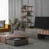 Casa Padrino Luxus Wohnzimmer TV Schrank Set Grau / Braun / Gold - 1 TV Schrank mit 4 Schubladen & 2 Wandregale - Wohnzimmer Möbel - Massivholz Möbel - Luxus Möbel - Luxus Einrichtung