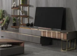 Casa Padrino Luxus Wohnzimmer TV Schrank Set Grau / Braun / Gold - 1 TV Schrank mit 4 Schubladen & 2 Wandregale - Wohnzimmer Möbel - Massivholz Möbel - Luxus Möbel - Luxus Einrichtung