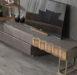 Casa Padrino Luxus Wohnzimmer TV Schrank Set Grau / Braun / Gold - 1 TV Schrank mit 4 Schubladen & 2 Wandregale - Wohnzimmer Möbel - Massivholz Möbel - Luxus Möbel - Luxus Einrichtung
