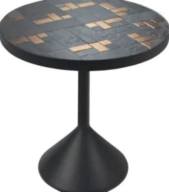 Casa Padrino Luxus Wohnzimmertisch Mehrfarbig / Schwarz Ø 50 x H. 53 cm - Runder Couchtisch mit Schieferplatten & Keramik Fliesen