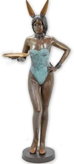 Casa Padrino Luxus XXL Bronze Deko Skulptur Frau mit Tablett Antik Bronze / Antik Türkis / Schwarz / Gold 82 x H. 178 cm - Lebensgroße XXL Bronze Deko Figur - XXL Wohnzimmer Deko - XXL Büro Deko