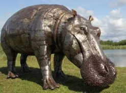 Casa Padrino Luxus XXL Garten Deko Skulptur Nilpferd Antik Silber 335 x 121 x H. 182 cm - Riesige XXL Garten Deko Metall Figur - Luxus Garten Deko Accessoires