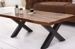 Casa Padrino Massivholz Couchtisch mit Metallbeinen Braun / Schwarz 110 x 60 x H. 40 cm - Rechteckiger Wohnzimmertisch im Industrie Look - Wohnzimmer Möbel