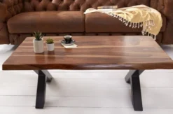Casa Padrino Massivholz Couchtisch mit Metallbeinen Braun / Schwarz 110 x 60 x H. 40 cm - Rechteckiger Wohnzimmertisch im Industrie Look - Wohnzimmer Möbel