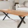 Casa Padrino Massivholz Couchtisch mit Metallbeinen Naturfarben / Schwarz 118 x 60 x H. 40 cm - Rechteckiger Wohnzimmertisch - Massivholz Wohnzimmer Möbel