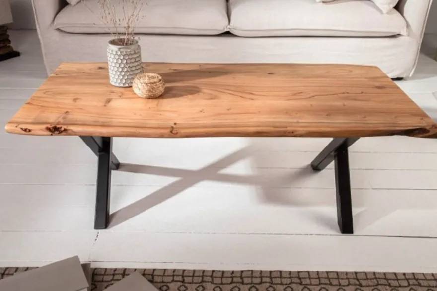 Casa Padrino Massivholz Couchtisch mit Metallbeinen Naturfarben / Schwarz 118 x 60 x H. 40 cm - Rechteckiger Wohnzimmertisch - Massivholz Wohnzimmer Möbel